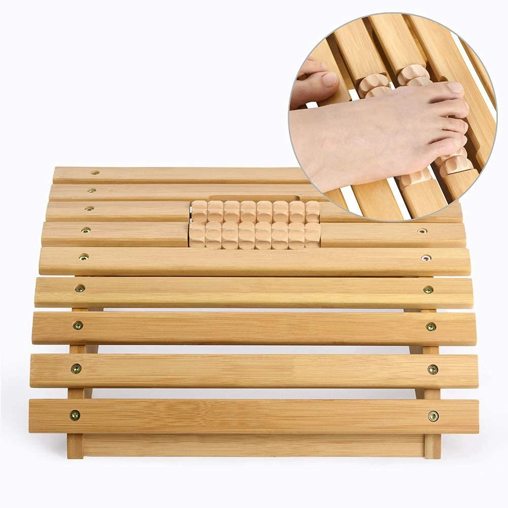 Ergonomic Bamboo Footrest Foot Stool Under Desk Footrest with Massager Rollers for Office