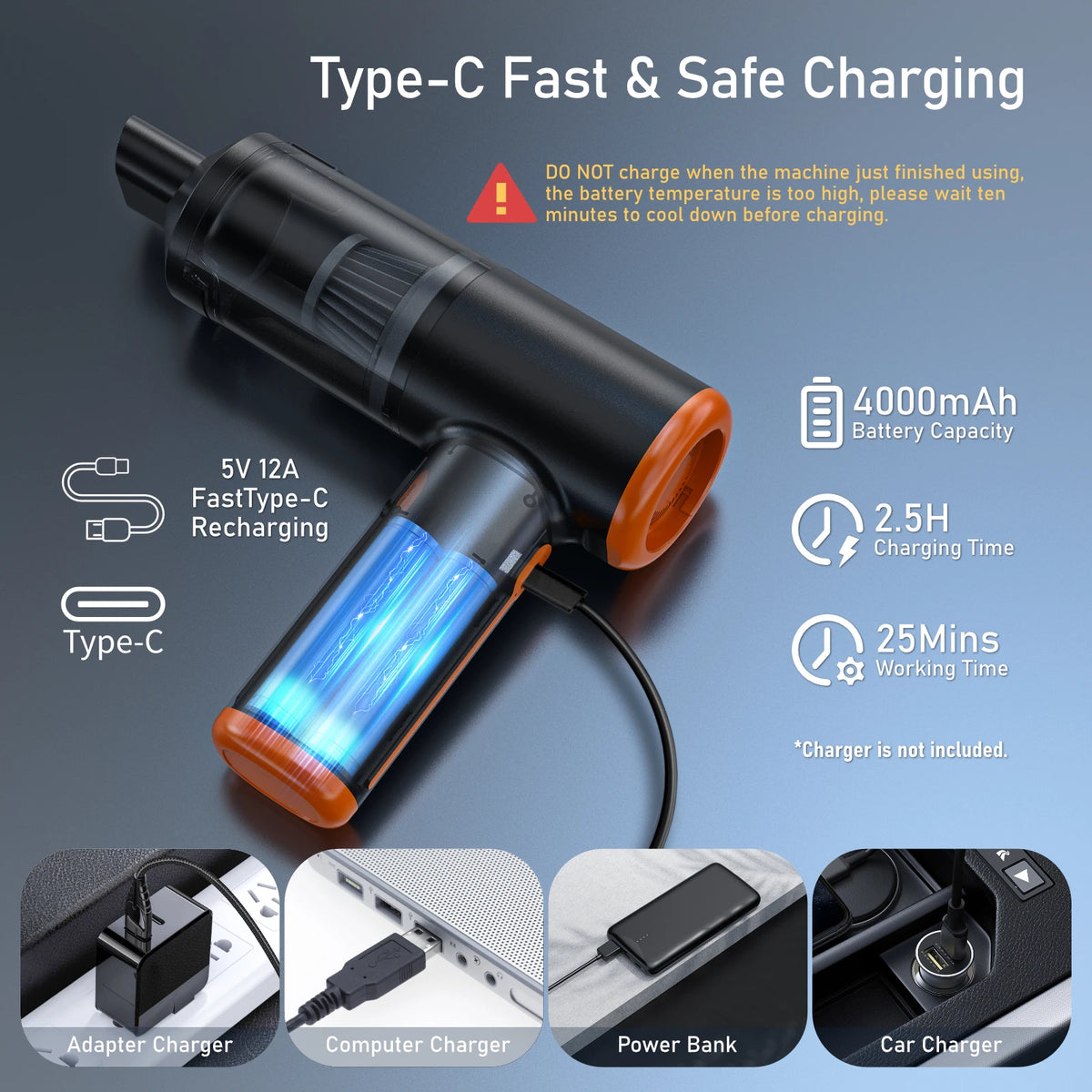 12kpa Lightweight USB Hotel Car Vacuum Cleaner Cordless Handheld Drying Portable Blower