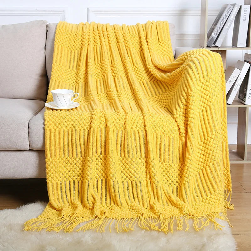 Chunky Knitted Blanket Sofa Throw Blanket With Tassels Weighted Blanket for Winter