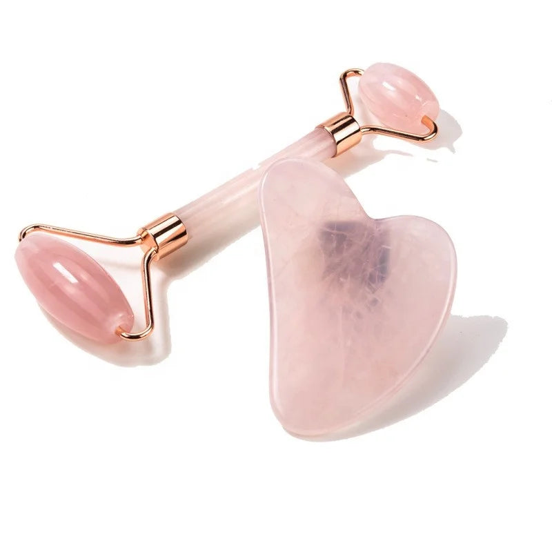 Custom Natural Rose Quartz Pink Crystal Gemstone Heart Body Facial Gua Sha Massage Set
