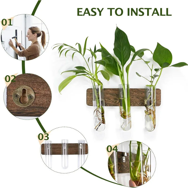 Wall Hanging Propagation Station With Wooden Stand Glass Test Tubes for Home Office Plant
