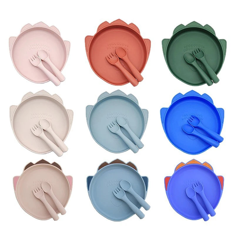 Silicone Baby Suction Plate and Bowl Divided Plate Toddler Feeding Set Cute Dino With Bib
