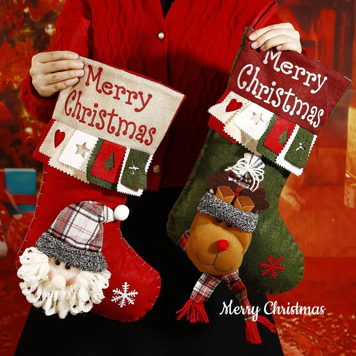 Christmas Stocking Embroidered Merry Christmas, 3D Character Decoration Holiday Stocking,