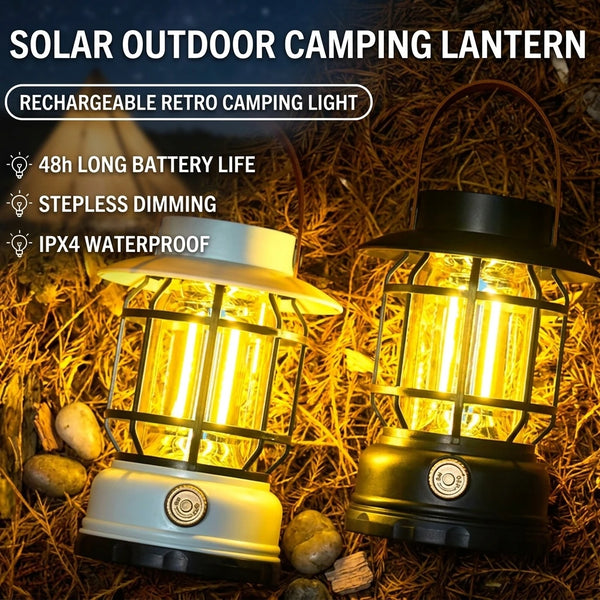 Solar LED Camping Lantern Vintage Rechargeable Outdoor Tent Lamp Stepless Dimming