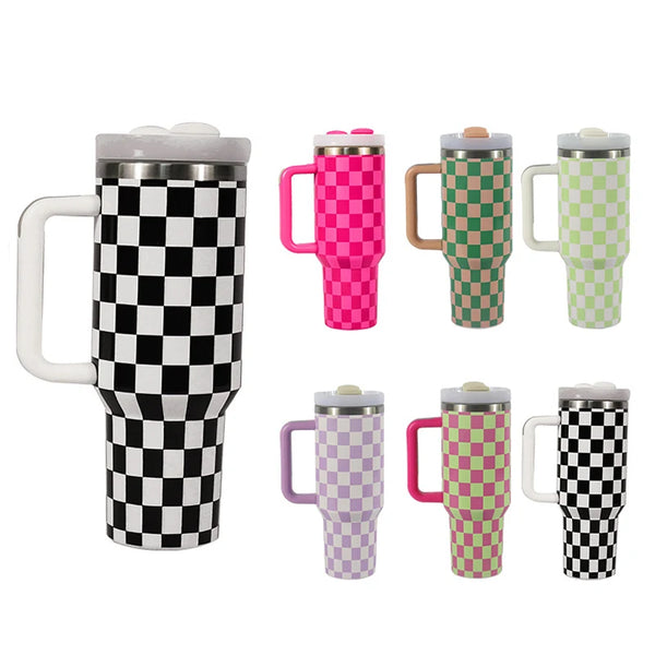 40 Oz Checkerboard Pattern Stainless Steel Tumbler Insulated Travel Coffee Mug Vacuum