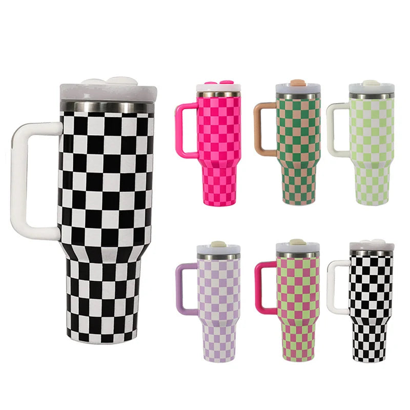 40 Oz Checkerboard Pattern Stainless Steel Tumbler Insulated Travel Coffee Mug Vacuum