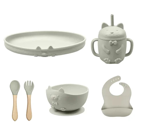 Food Grade Silicone Baby Feeding Set With Cup Bowl Plate Bib Spoon and Fork Easy Clean