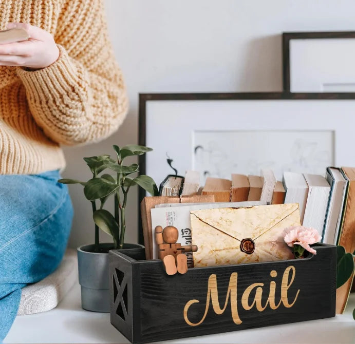 Rustic Black Wooden Mail Organizer Countertop Desk Mail Sorter Basket Letter Holder