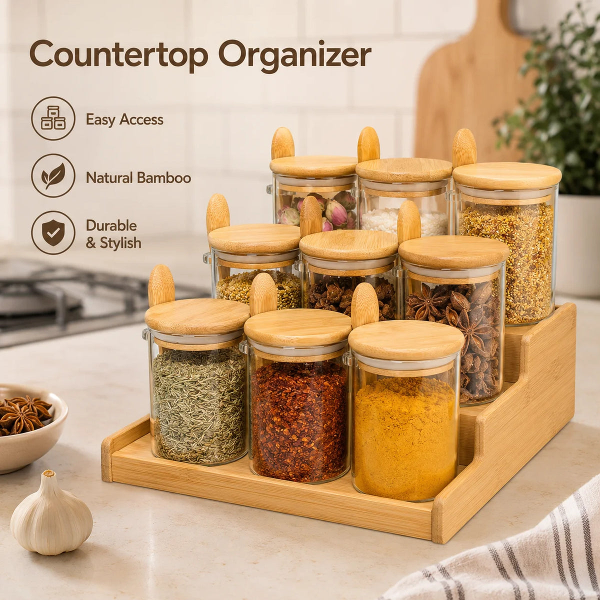 8 Piece Glass Spice Jar Set with Bamboo Lids Spoons and 2 Tier Organizer Rack for Kitchen