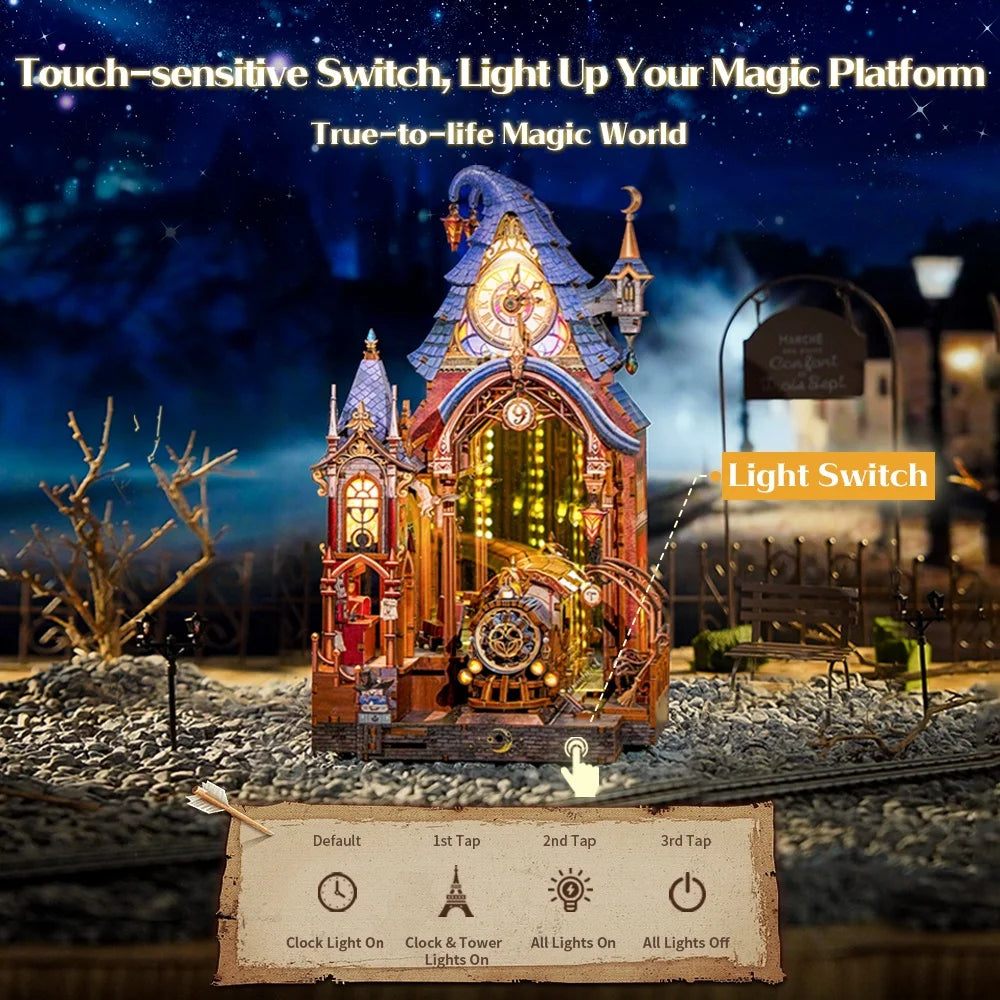 Tonecheer 3D Wooden Puzzle LED Magic Platform Detachable Train DIY Book Nook Kit