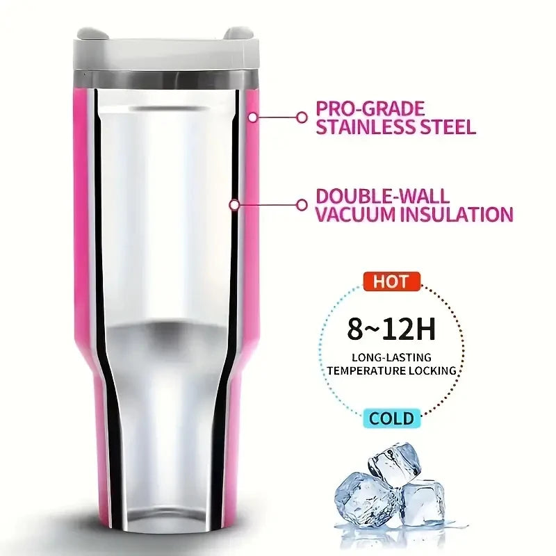 Double Walled Insulated Vacuum Stainless Steel 40Oz Tumbler With Straw Handle And Lid