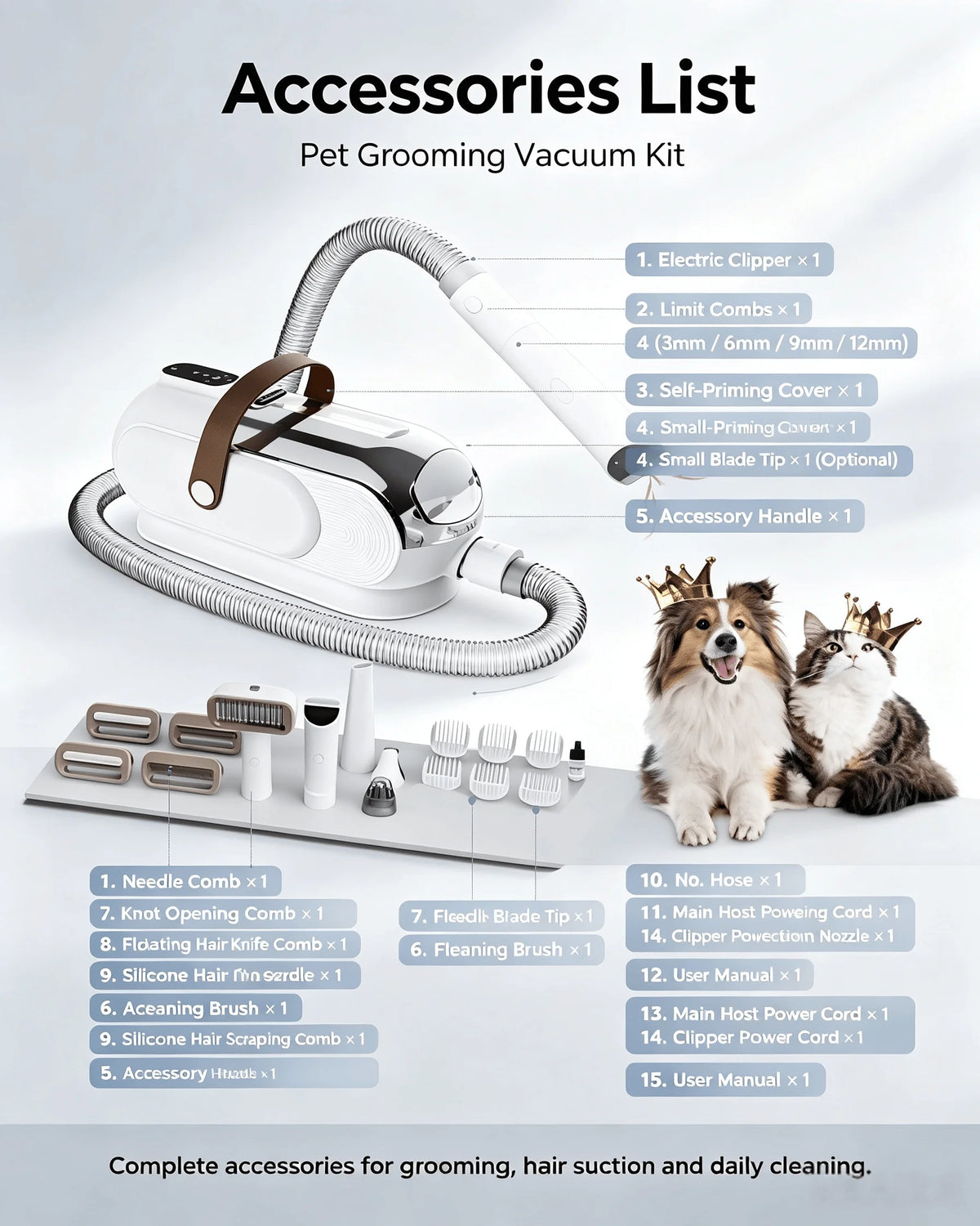 Pet Grooming Vacuum Kit Low Noise Pet Hair Vacuum Cleaner with Electric for Dogs Cats