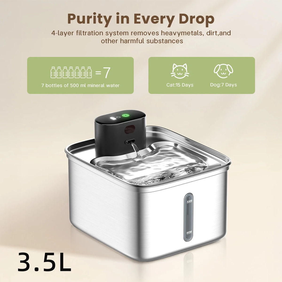 Smart 3.5L Eco-Friendly Cat Water Dispenser 304 Stainless Steel Pet Water Fountain