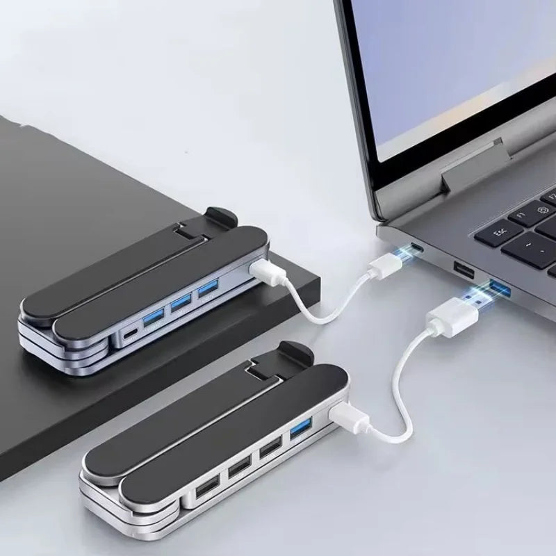 Aluminum Alloy USB C Hub 2-in-1 Foldable Laptop Stand Adjustable Holder Multi Port