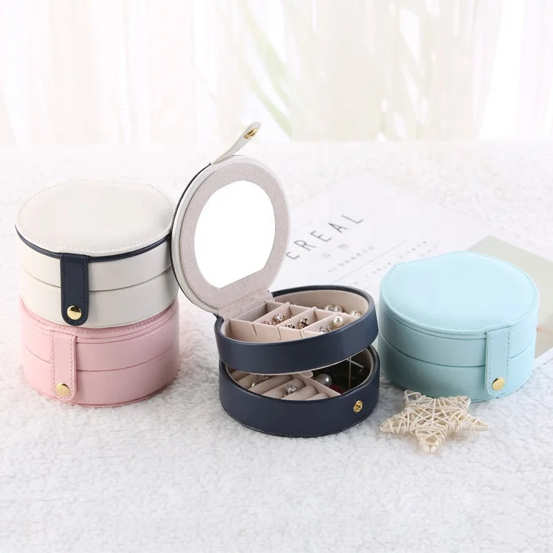 Pu Leather Portable Round Jewelry Box Small Travel Jewellery Organizer Necklace Box Ring