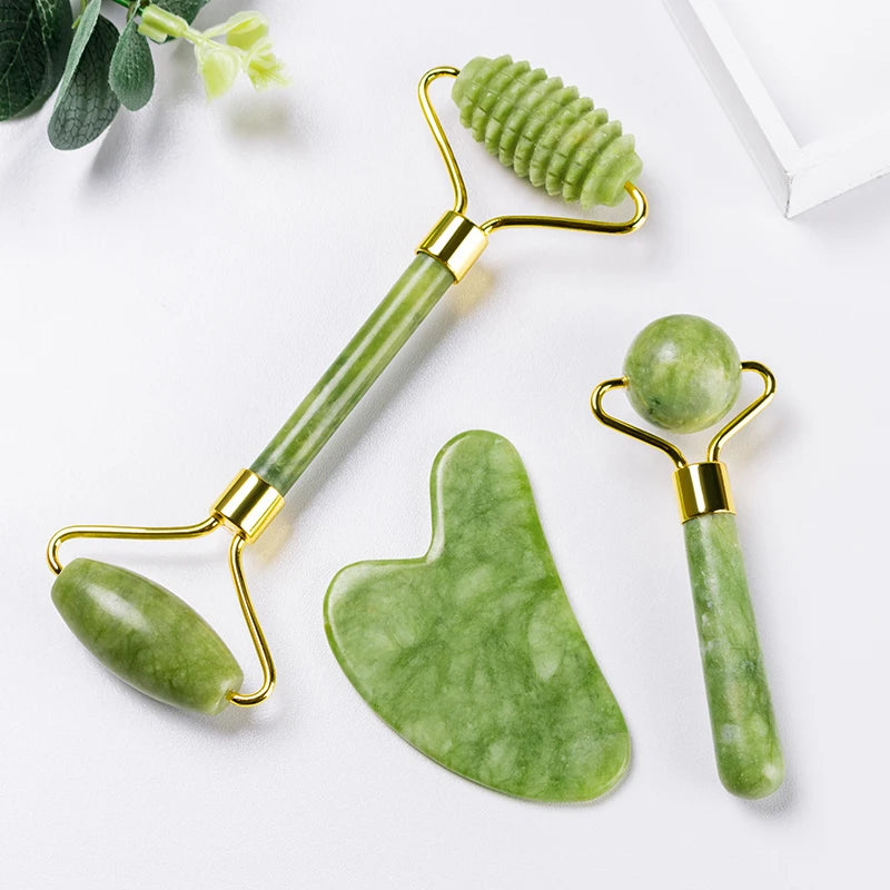 Natural Pink Crystal Rose Quartz Jade Roller Guasha for Face Brush and Jade Roller Guasha