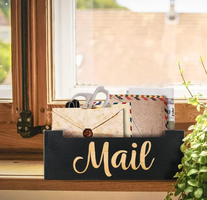 Rustic Black Wooden Mail Organizer Countertop Desk Mail Sorter Basket Letter Holder