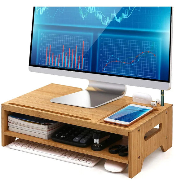 Portable 2-Tier Adjustable Laptop Stand Solid Wood Double Monitor Stand with Riser Wood
