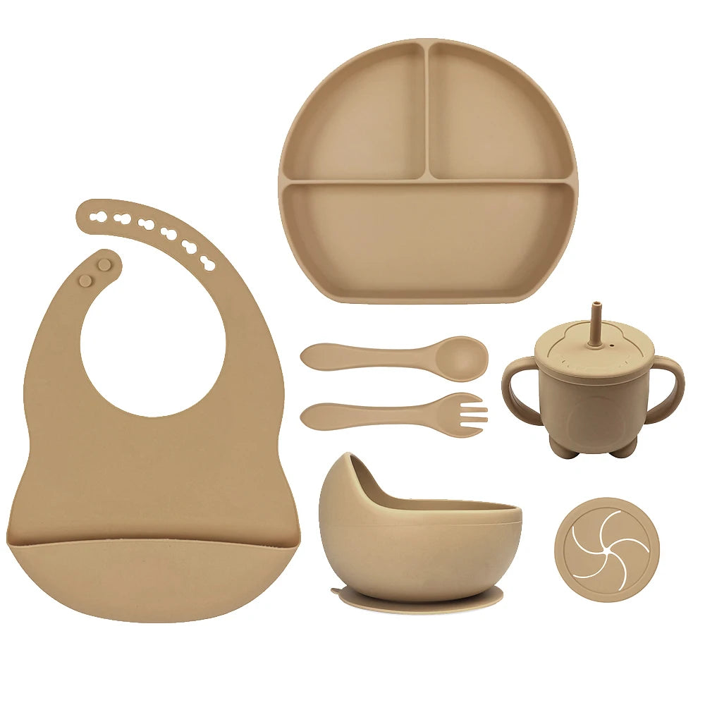 8pc Bebe Silicone Feeding Set Toddler Weaning Set Suction Bottom Infant Dining Tableware