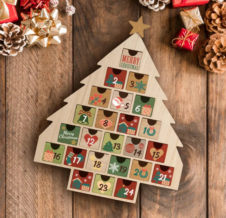 Painted Solid Wood Christmas Tree Shaped Countdown Calendar Storage Box Advent Drawers
