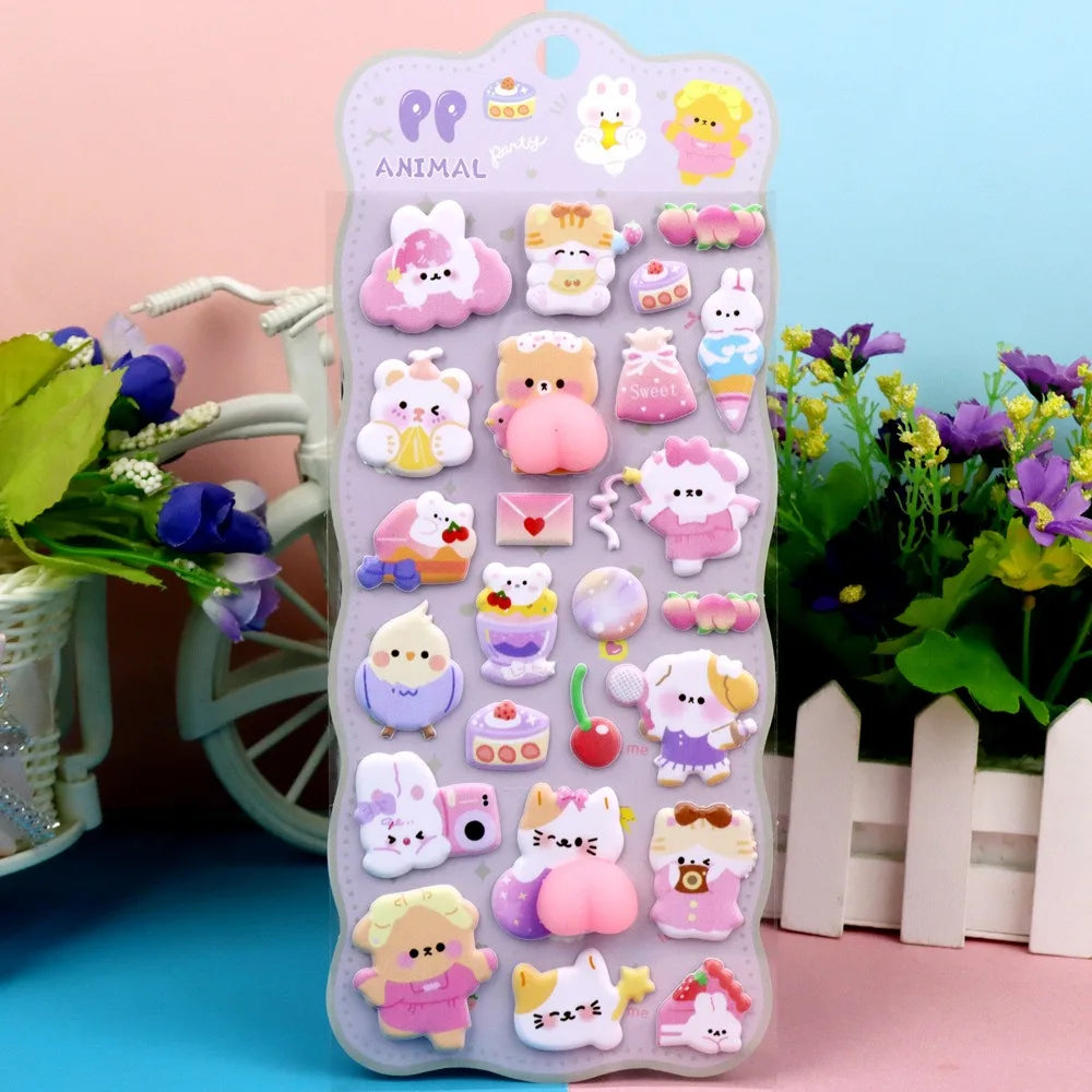 Cartoon Animal Decals Phone Decorative Cut Adhesive Soft Puffy Cute Pinching Fun (Pack of 3)