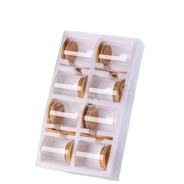 Customized 8pcs 180ml High Borosilicate Glass Sealed Bamboo Lid Storage Jar Sets