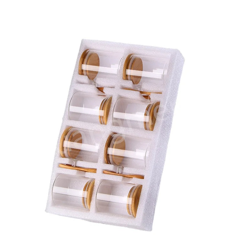 Customized 8pcs 180ml High Borosilicate Glass Sealed Bamboo Lid Storage Jar Sets