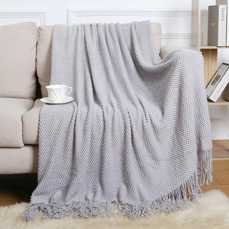 Chunky Knitted Blanket Sofa Throw Blanket With Tassels Weighted Blanket for Winter