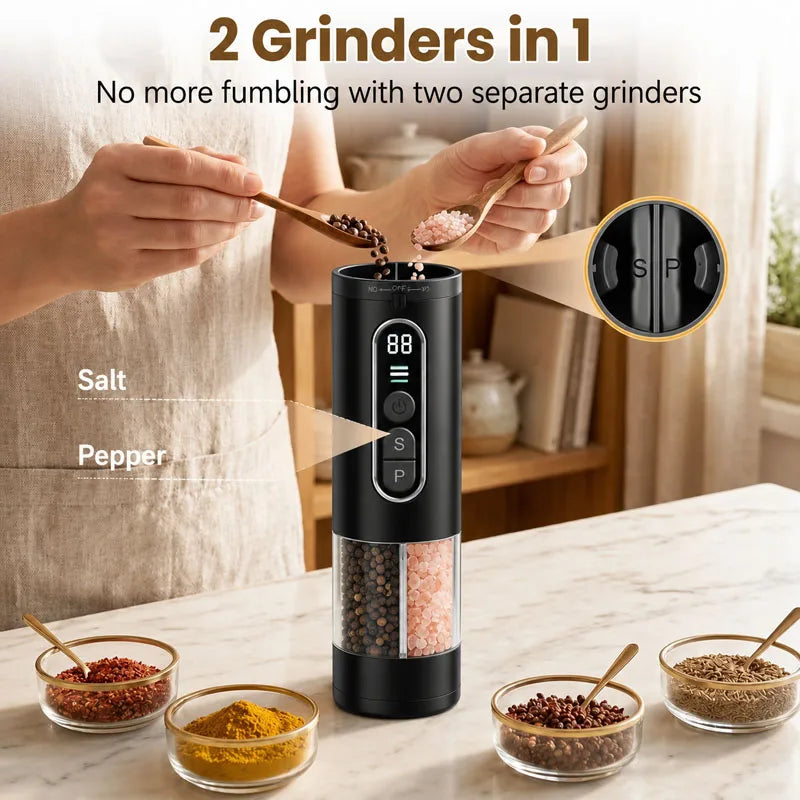 2 in 1 Rechargeable USB Electric Spices Grinder Automatic Salt and Pepper Grinder Ceramic