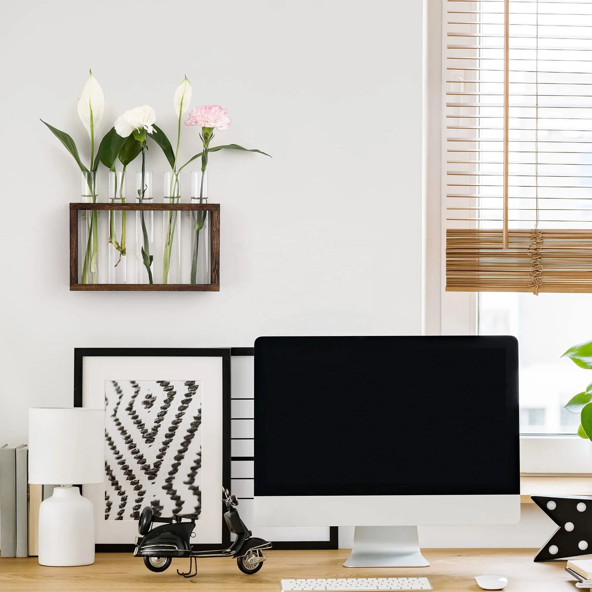 Desktop Glass Plant Propagation Station with 5 Test Tubes in Wooden Indoor Stand Wall