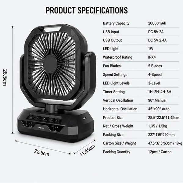 Portable Rechargeable Camping Fan With USB-C Charging Port 4-Speed Oscillating Brushless