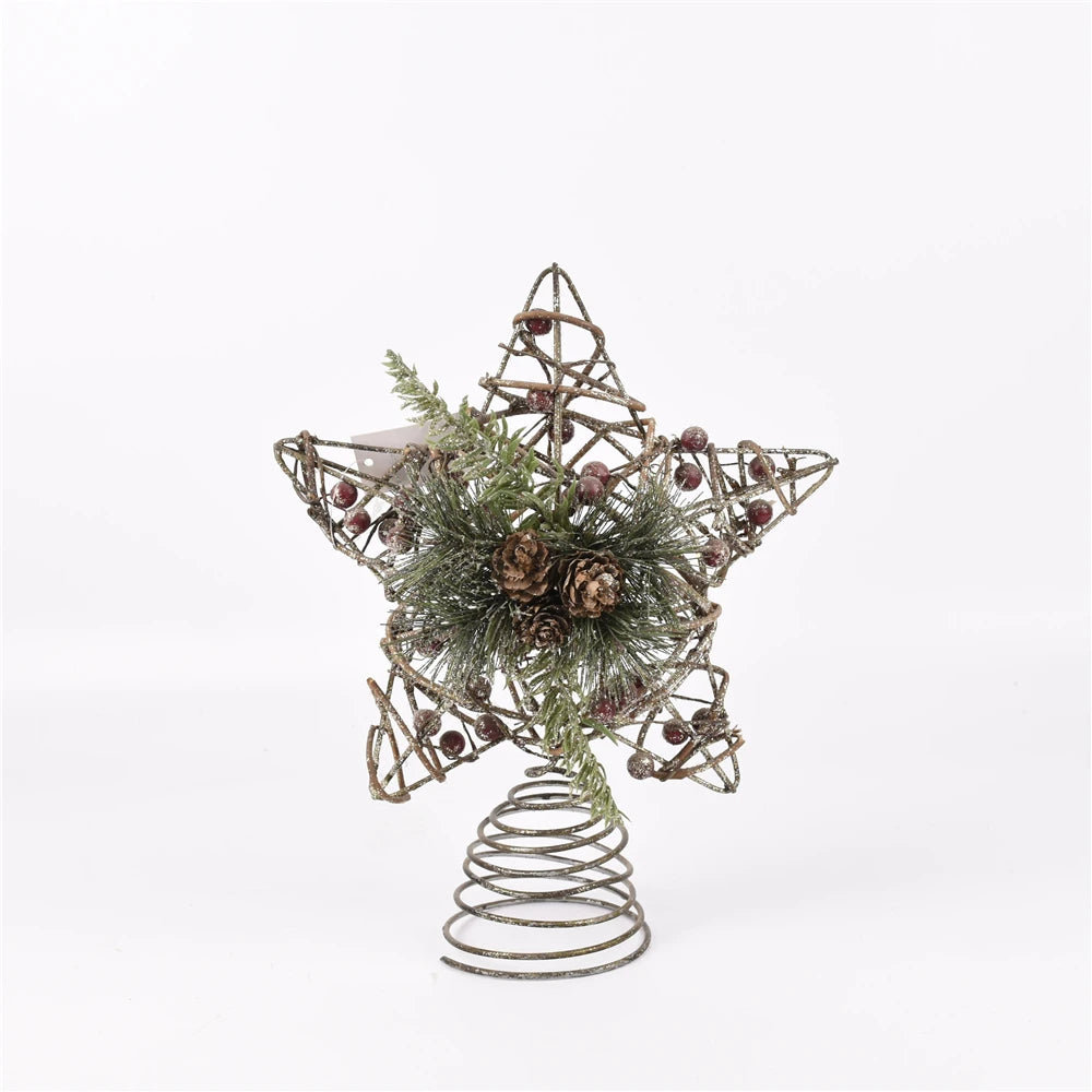 GY BSCI Christmas Decoration Metal Wire Brown Hanging Rattan LED Lights Decorated Star
