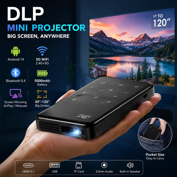 Portable DLP Mini Projector Android 14 Smart Pocket Projector WiFi 120 Inch for Personal