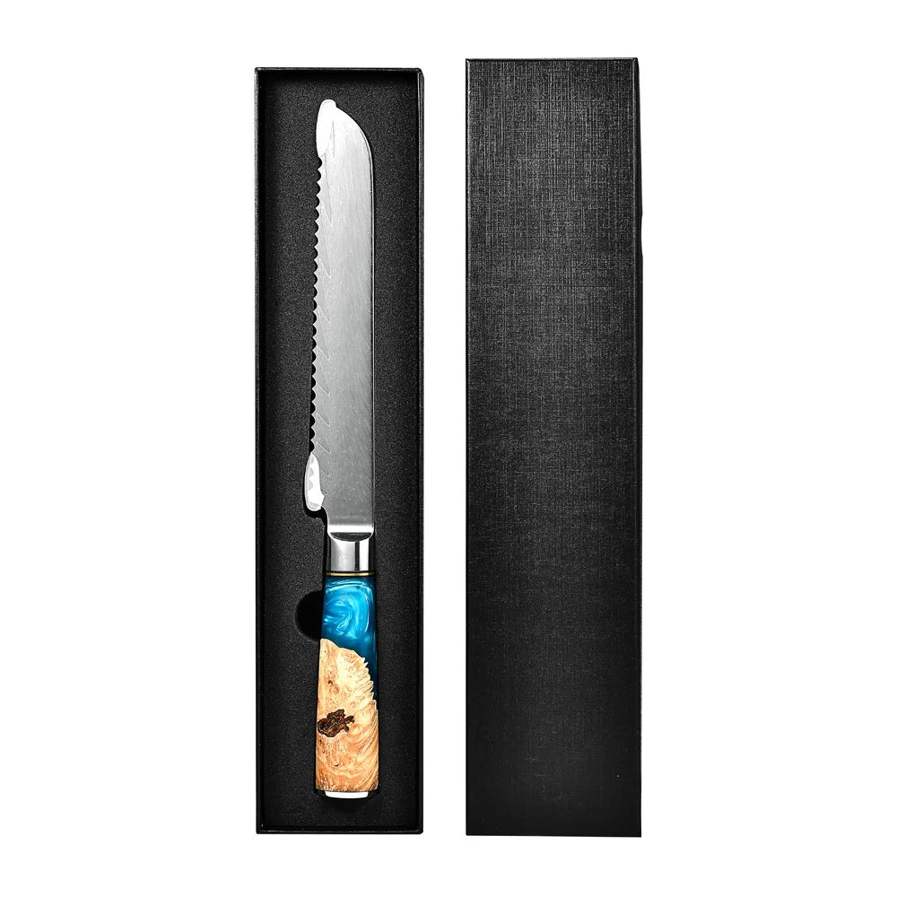 Damascus Steel VG10 Blue Resin Wood Handle 7 Piece Kitchen Chef Bread Santoku Knives