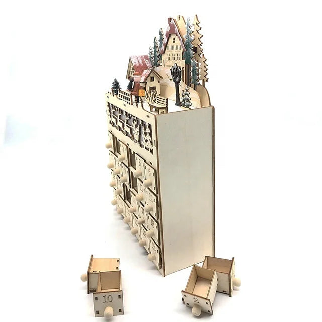 Creative Wooden Christmas Advent Calendar with 24 Opening Drawers and Led Light Family
