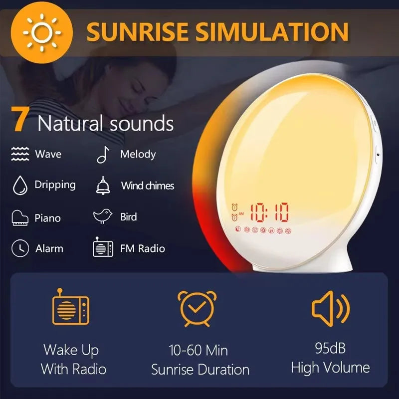 Dimmable RGB Colorful Rechargeable Night Light,Smart Sunrise Wake-Up Alarm Clock, LED