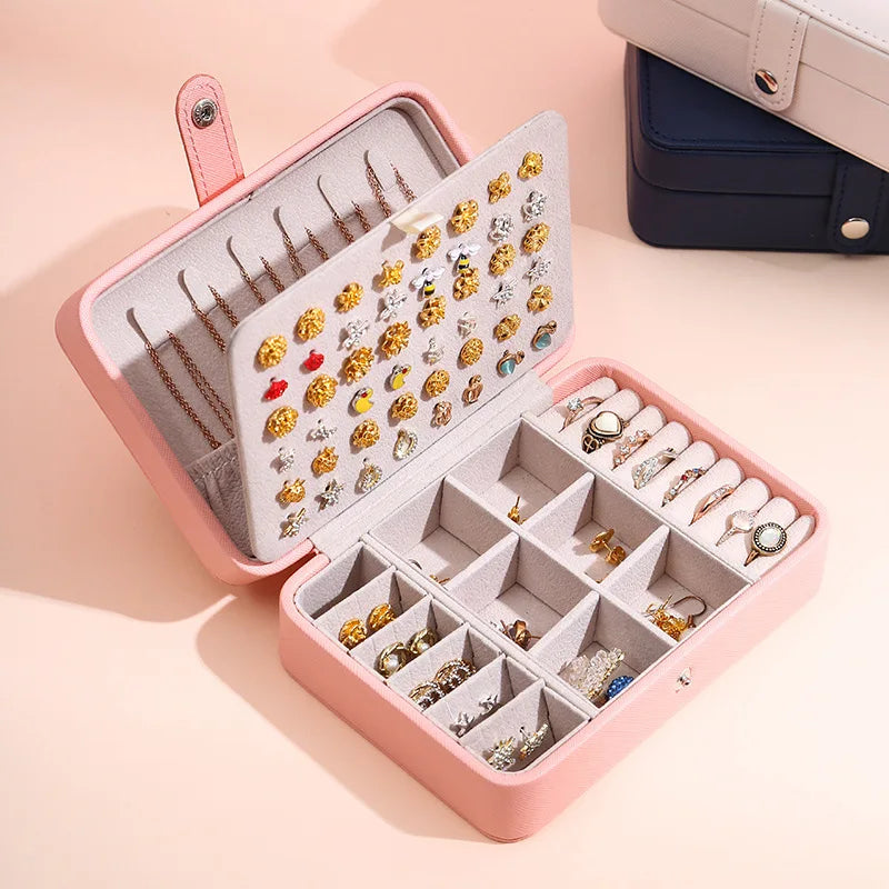 Portable Travel Square Leather Jewelry Box Storage Organizer with Earring Holder Display
