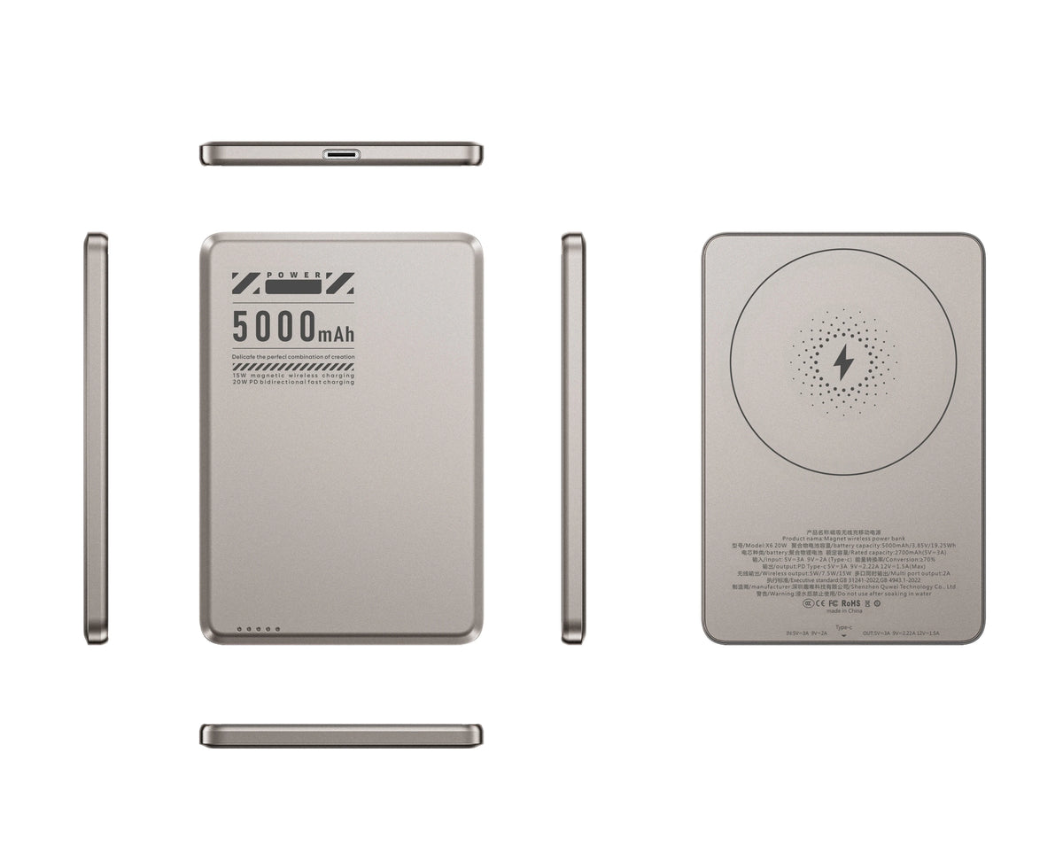 Ultra Thin Portable 20W Wireless Magnetics Fast Slim Charging Aluminum Alloy Li-Polymer