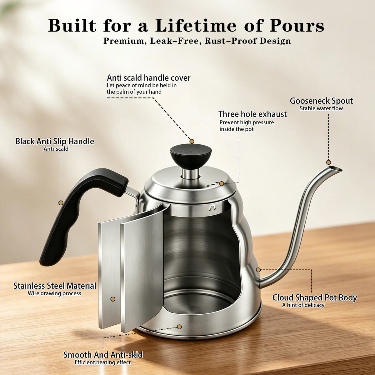 1000ml 304 Stainless Steel Gooseneck Pour Over Coffee Kettle Barista Drip Tea Pot