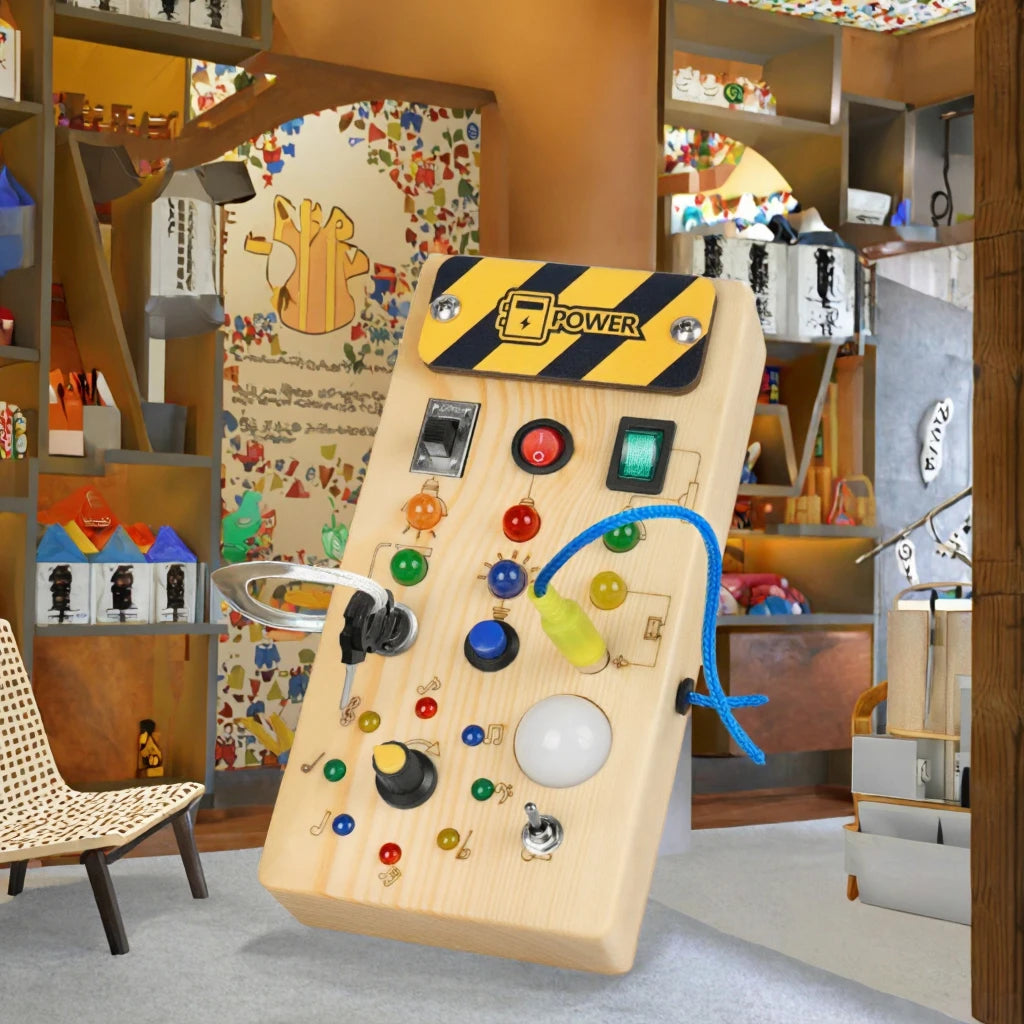 Montessori Sensory Toys for Toddler Safe Wood Power Busy Board Sets with 8 LED Light