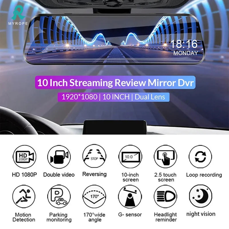 Mirror HD 1080P Dashcam Car Mdvr Mirror Front and Rear Dual Camera Dashcam Mirror Driving