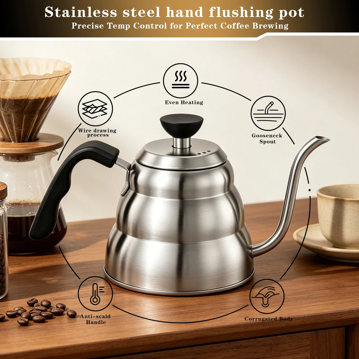 1000ml 304 Stainless Steel Gooseneck Pour Over Coffee Kettle Barista Drip Tea Pot