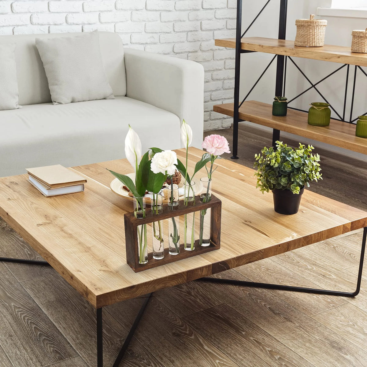 Desktop Glass Plant Propagation Station with 5 Test Tubes in Wooden Indoor Stand Wall