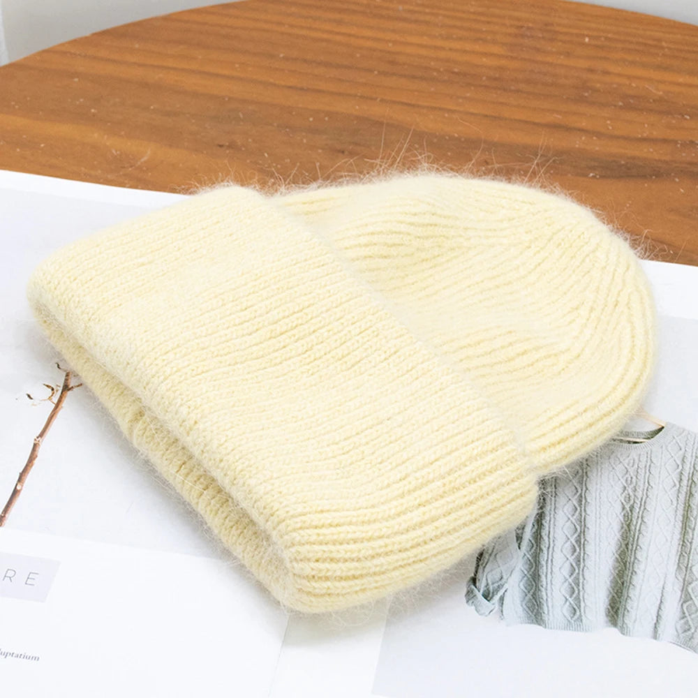 Knit Beanie Hat Real Angora Rabbit Fur Slouchy Skull Cap Winter Warm Stocking Hats