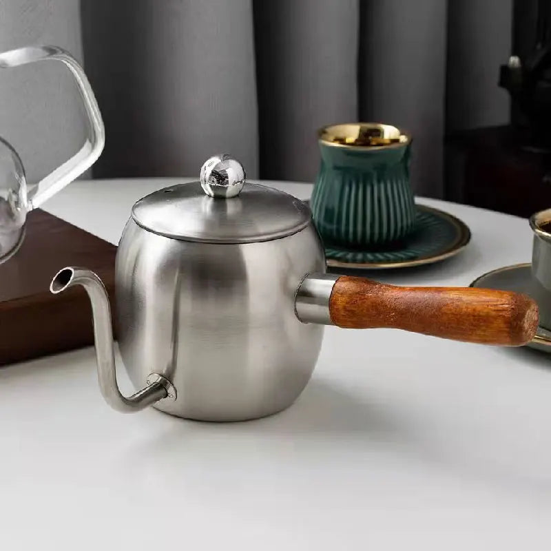 Stainless Steel Gooseneck Coffee Kettle with Wooden Handle, Pour Over Coffee Pot for Home