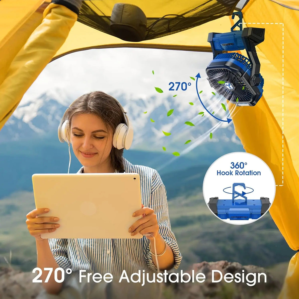 Portable Rechargeable Camping Fan with LED Light Brushless Motor 4 Speed USB Power Fan