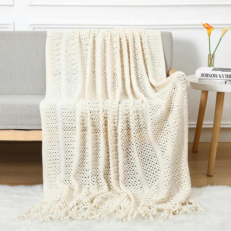 Chunky Knitted Blanket Sofa Throw Blanket With Tassels Weighted Blanket for Winter