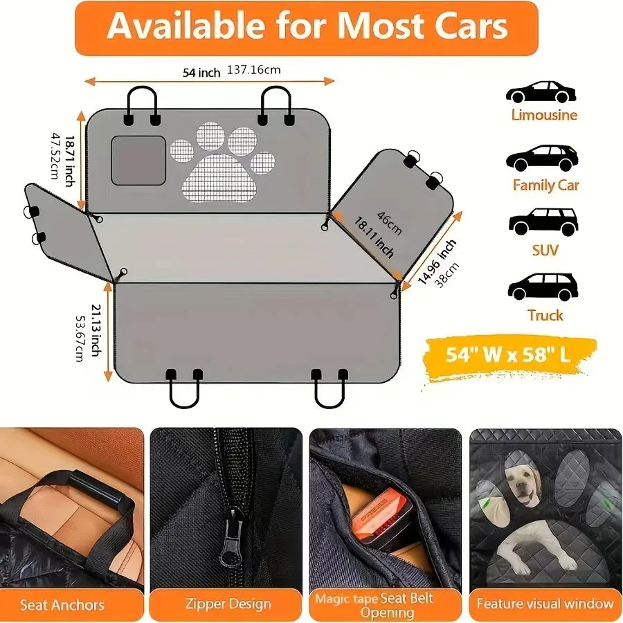 Oxford Waterproof Dog & Cat Car Seat Cover-Hard Bottom Mesh Three-Sided Enclosed Back