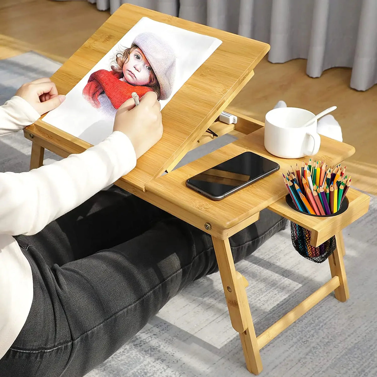 Foldable Bamboo Laptop Stand Adjustable 5-Height Tilt Riser with Docking Station for Desk