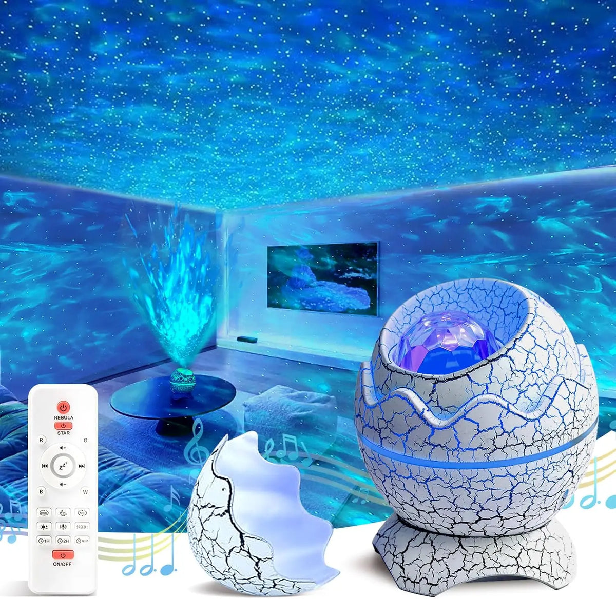 Starry Star Dinosaur Egg Projector Night Light BT Music Speaker Ocean Wave Kids Adults